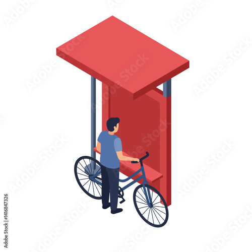 Man with bicycle waiting at red bus stop shelter in isometric flat design vector illustration