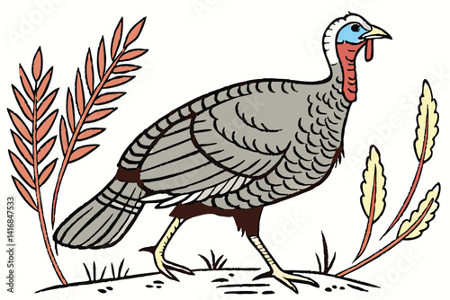 4 Turkey illustration, hand-drawn style, detailed feathers, side view, grey body, brown tail feathers, red wattle, blue head, yellow legs, white background, Thanksgiving theme, farm animal, poultry, t