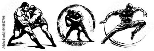 Fighter Vector Set – Martial Arts and Wrestling Pose Illustration

