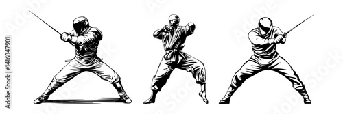Martial Arts Swordfighters Vector – Fencing Action Set

