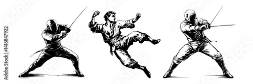 Fighter Vector Set – Martial Arts and Wrestling Pose Illustration


