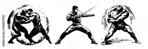 Martial Arts Swordfighters Vector – Fencing Action Set

