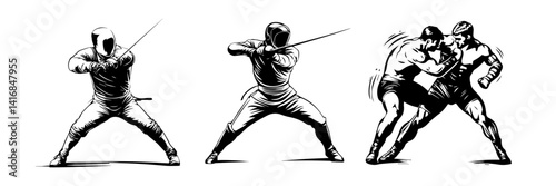 Martial Arts Swordfighters Vector – Fencing Action Set

