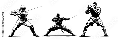 Martial Arts Swordfighters Vector – Fencing Action Set

