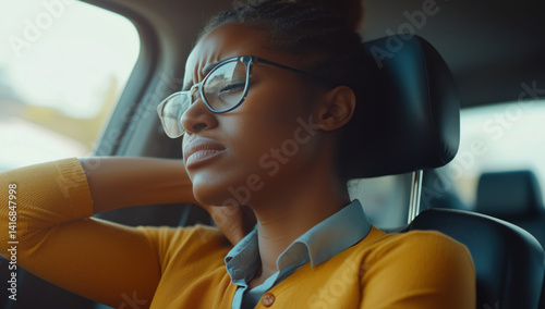 Woman in a car experiencing neck discomfort and wearing glasses