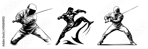 Martial Arts Swordfighters Vector – Fencing Action Set

