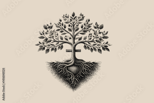 Woodcut engraving of a cross transforming into a flourishing tree with deep roots and leaves, symbolizing Love your neighbor as yourself