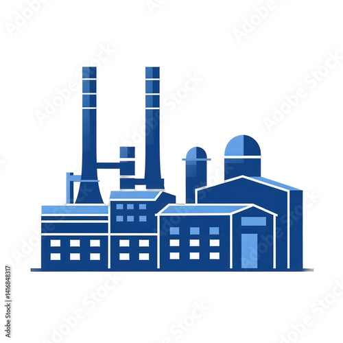 A modern industrial complex featuring tall smokestacks and various buildings, set against a clear sky, representing manufacturing and production , isolated on white or transparent png