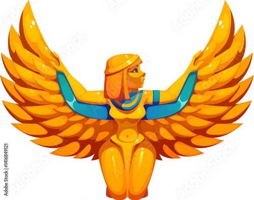 Ancient golden winged goddess, Isis or Maat. Egypt game icon, Egyptian treasure asset. Cartoon vector sacred symbol for mythology, adventure, or archaeology games, exudes mystery and divination