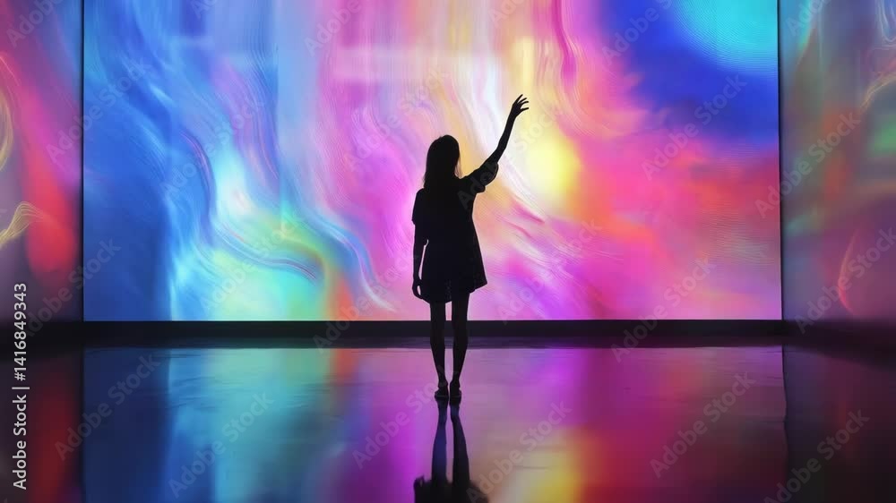 A woman reaches toward a vivid, swirling wall of colorful light in a reflective room, surrounded by electric hues of pink, blue, and yellow, evoking creativity, wonder, and modern digital art