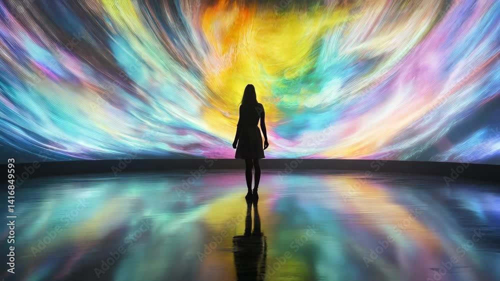 A woman reaches toward a vivid, swirling wall of colorful light in a reflective room, surrounded by electric hues of pink, blue, and yellow, evoking creativity, wonder, and modern digital art