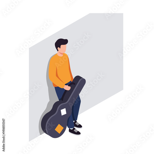 Young man in casual clothes holding guitar case standing against wall in minimal flat style vector illustration