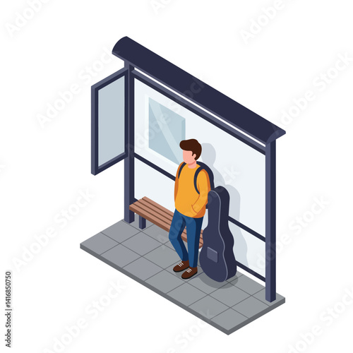 Young man in casual clothes waiting at modern bus stop shelter with guitar case standing beside bench flat isometric vector illustration