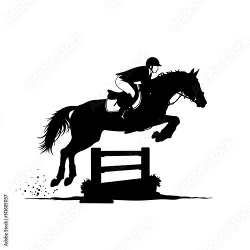 Silhouette of Horse and Rider Jumping Over a Fence