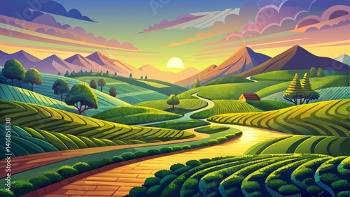 Tea fields bathed in morning glow,
Paths that curve like quiet streams,
Harmony in hills and light,
A landscape born from peaceful dreams.

