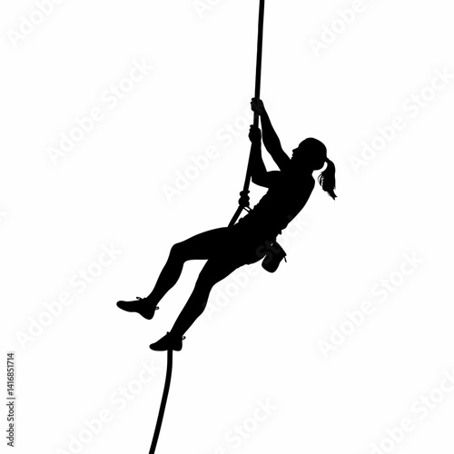 Silhouette of a Woman Rappelling Down a Rope Thrilling Adventure Sport