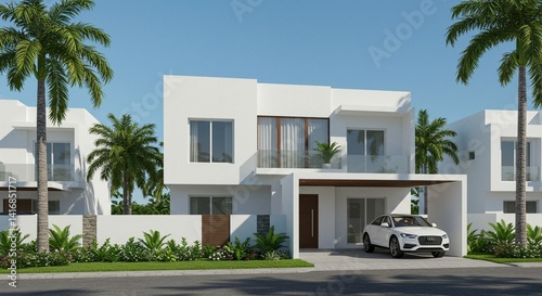 3D Rendred of Stylish, minimalist white villa House with clean lines and a parked car, set in a tropical environment with palm trees. Perfect for showcasing modern home design