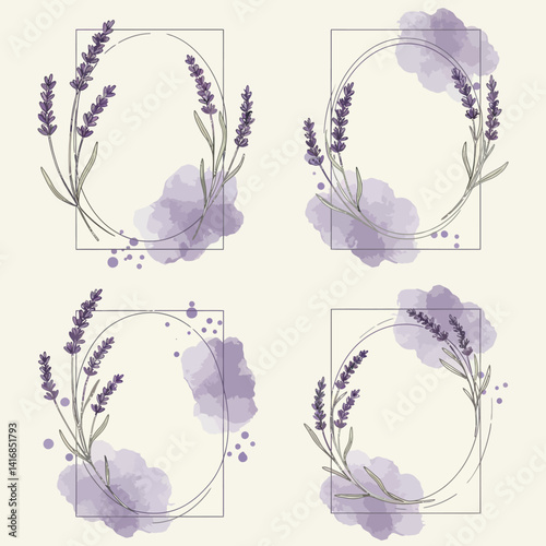Lavender sprigs with soft purple watercolor shapes in minimalist frames flat design vector illustration