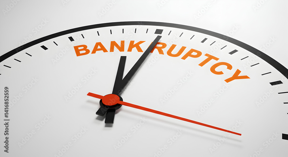 Clock Face with Bankruptcy Text Indicating Financial Time Crisis in White Background Clock Face with Bankruptcy Text Indicating Financial Time Crisis in White Background