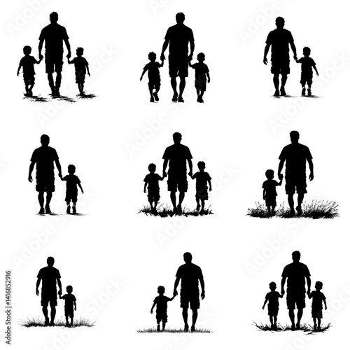 Monochrome silhouette set of nine variations depicting a father walking hand-in-hand with one or two children, with different arrangements and ground details. Represents family, fatherhood, childhood,