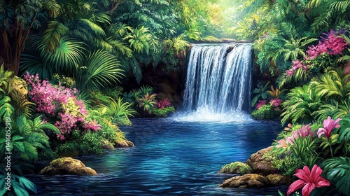 Enchanting cascade amidst verdant foliage artwork, serene aquatic spectacle, tropical botanical bounty, luminous waterfall scene, calming nature landscape design