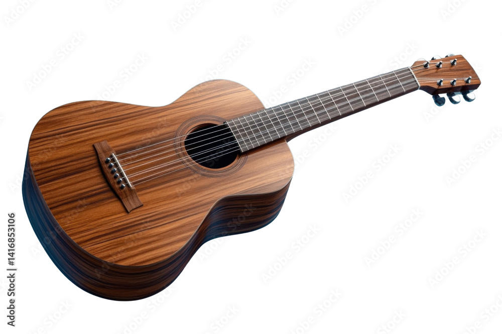 Fototapeta premium A wooden acoustic guitar with a striped grain pattern, six strings, and a soundhole, angled slightly on a transparent background.