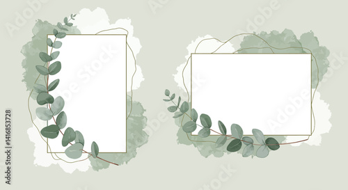 Eucalyptus leaf frames with watercolor green accents minimal botanical design flat vector art