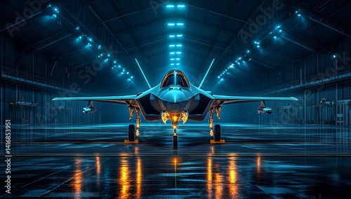A Striking Silhouette of a Lockheed Martin F-35 Lightning II Fighter Jet, Majestically Positioned in a Futuristic Hangar Under Vibrant Neon Lighting.