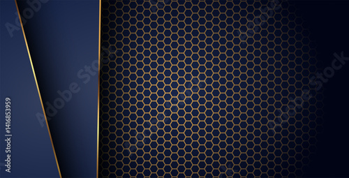 luxurious dark navy gold line overlap background with hexagon mesh pattern combination. elegant modern technology futuristic background. eps10 vector