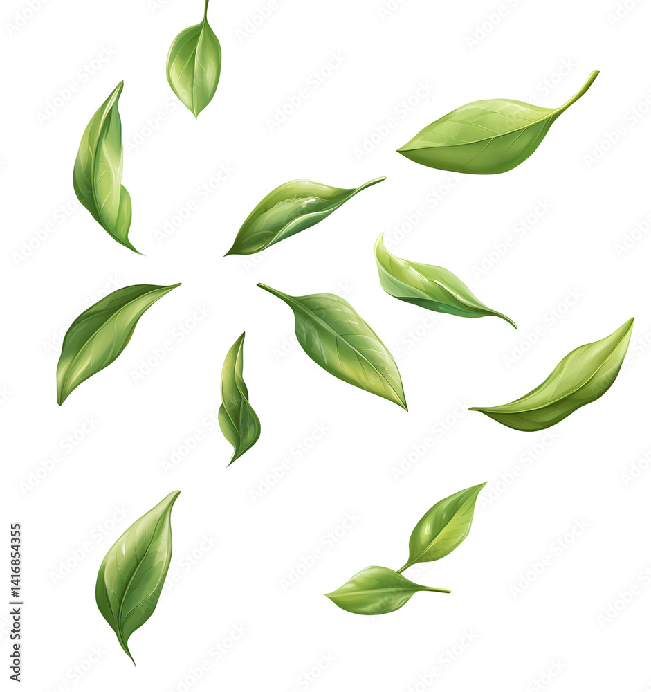  Green tea leaves floating in the air  Tranparent background Png