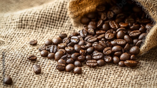 Roasted coffee beans on burlap fabric surface