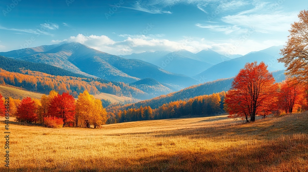 Autumn Majesty: A Golden Valley with Vibrant Fall Foliage Framed by Snow-Capped Mountains Under a Cloud-Kissed Sky Autumn Majesty: A Golden Valley with Vibrant Fall Foliage Framed by Snow-Capped Mountains Under a Cloud-Kissed Sky
