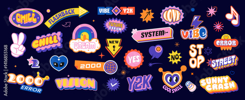 Retro y2k stickers groovy patch icon labels set with bold colors and nostalgic motifs like rainbows, peace signs, smile faces, and quirky text. Vector patches for youth, pop culture, exude upbeat vibe