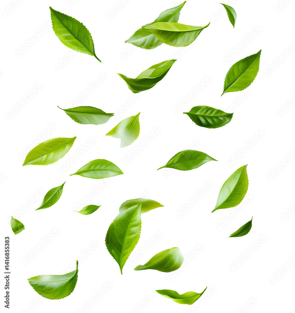 Green tea leaves floating in the air Tranparent background Png Green tea leaves floating in the air Tranparent background Png