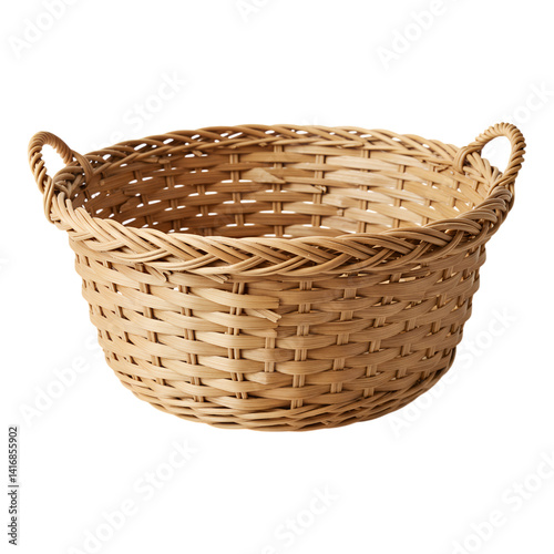 Circular Handwoven Rattan Basket with Twisted Rim Detail Isolated on Transparent Background
