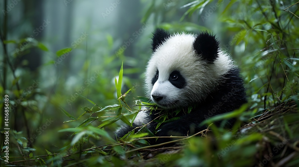 Fototapeta premium Cute panda cub in bamboo forest