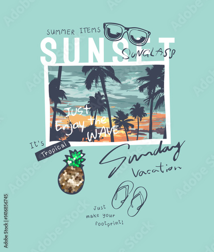 typography slogan with palm beach sunset photograph vector illustration for fashion print