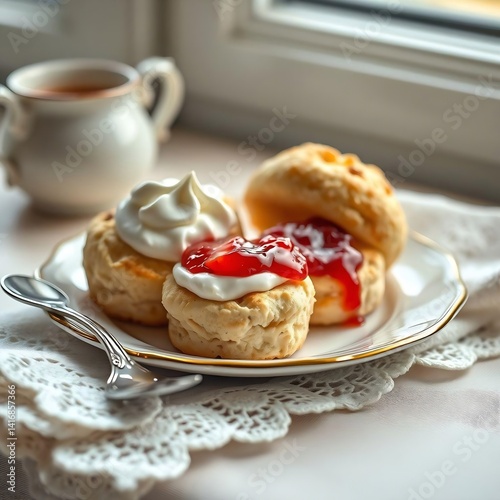 Classic English Scones with Clotted Cream and Jam (AI Generated)