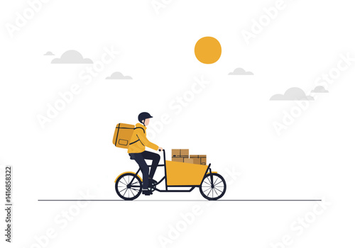 Delivery cyclist rides along a sunny road. Bright yellow cargo bike carries packages. Clean, modern illustration for delivery services, logistics, or urban transport.