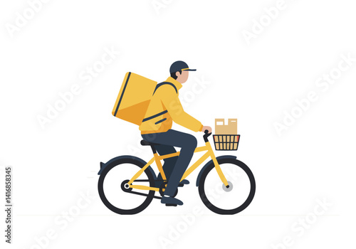 Delivery cyclist rides quickly on a bicycle, carrying a box. Bright, flat vector illustration. Ideal for delivery services, logistics, and urban lifestyle concepts.