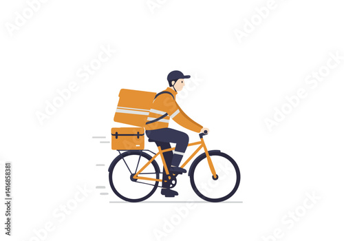 Delivery cyclist speeds through the city. Orange uniform, backpack, and bicycle create a vibrant, dynamic image. Perfect for delivery services, logistics, or urban lifestyle themes.