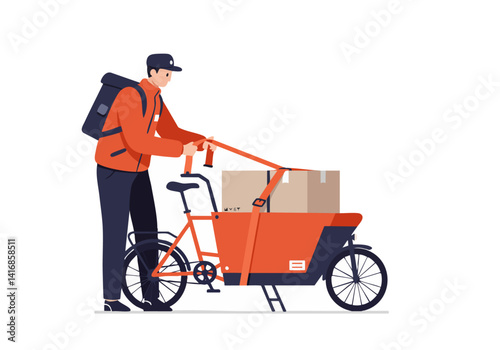 Delivery person on cargo bike. Orange jacket, backpack, and box. Modern, clean vector illustration. Ideal for delivery services, logistics, and urban transport concepts.