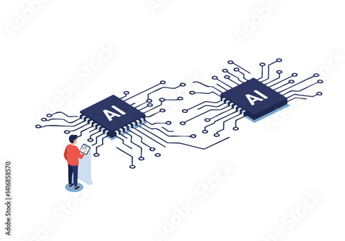 A man examines a futuristic AI chip design. The illustration showcases interconnected circuits and the 'AI' text, symbolizing technological advancement and innovation. Clean, modern style.