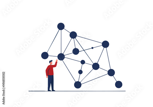 A man gestures towards a complex network diagram. Clean, modern illustration conveys connection, strategy, and data visualization. Ideal for business concepts.