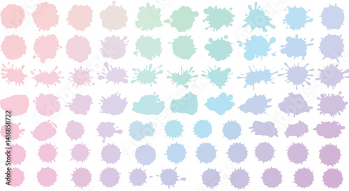 Collection of pastel color ink splashes and paint blots in flat minimal style abstract vector art