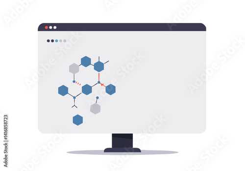A stylized molecular structure displayed on a computer screen. Clean, modern design with a blue and gray color palette. Ideal for science, technology, and innovation concepts.