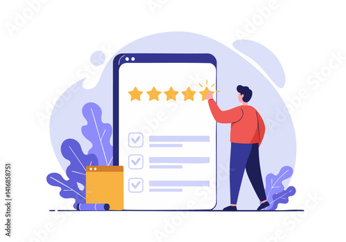 Man taps a five-star rating on a smartphone screen. Checklist icons indicate completion. Modern, clean design. Perfect for reviews, feedback, and satisfaction concepts.