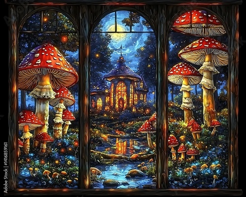 Illuminated fantasy scene of a mushroom forest at night.