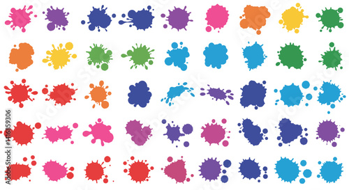 Colorful paint splatter dots in various sizes and shapes arranged in rows flat vector illustration
