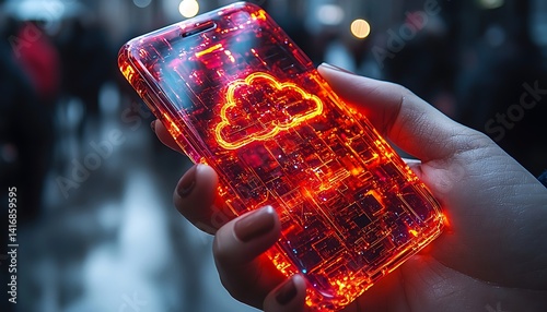 Dynamic glowing smartphone displays a cloud symbol.